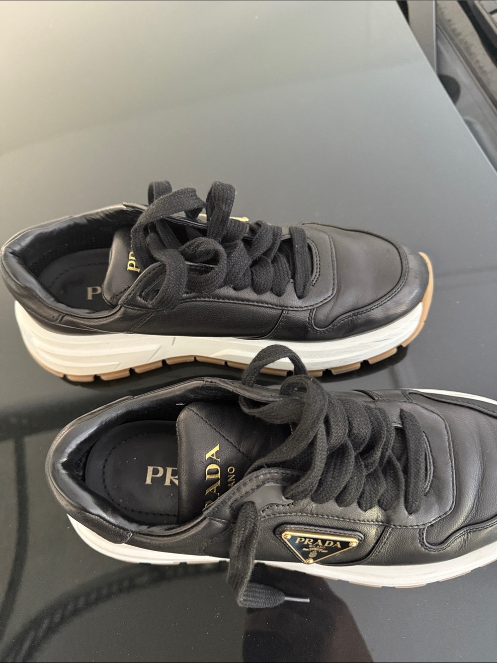 Prada Black Leather Platform Sneakers with White Midsole and Gum Outsole
